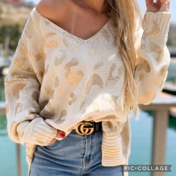 Blu Trends Sweaters - Cream & Gold Leopard Sweater